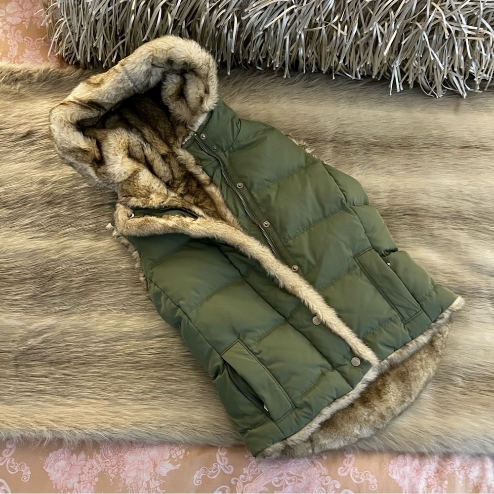 Y2K JUICY COUTURE Reversible Hooded Puffer Vest Faux Fur Sage Green Winter Warm